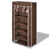 Brown 5-tier fabric shoe cabinet with zippered cover, holding up to 10 pairs of shoes.