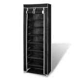 Black 8-tier fabric shoe cabinet with zippered cover for dustproof storage.