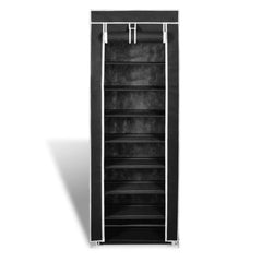 Black 8-tier fabric shoe cabinet with a zippered cover for dustproof storage.