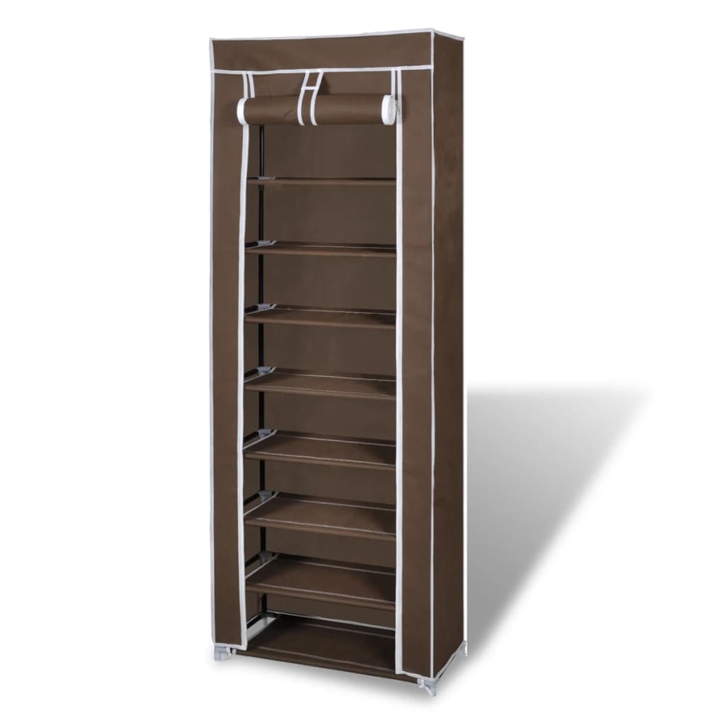 Brown 8-tier fabric shoe cabinet with cover, holds 20 pairs, lightweight and zippered.