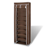 Brown 8-tier fabric shoe cabinet with cover, holds 20 pairs, lightweight and zippered.