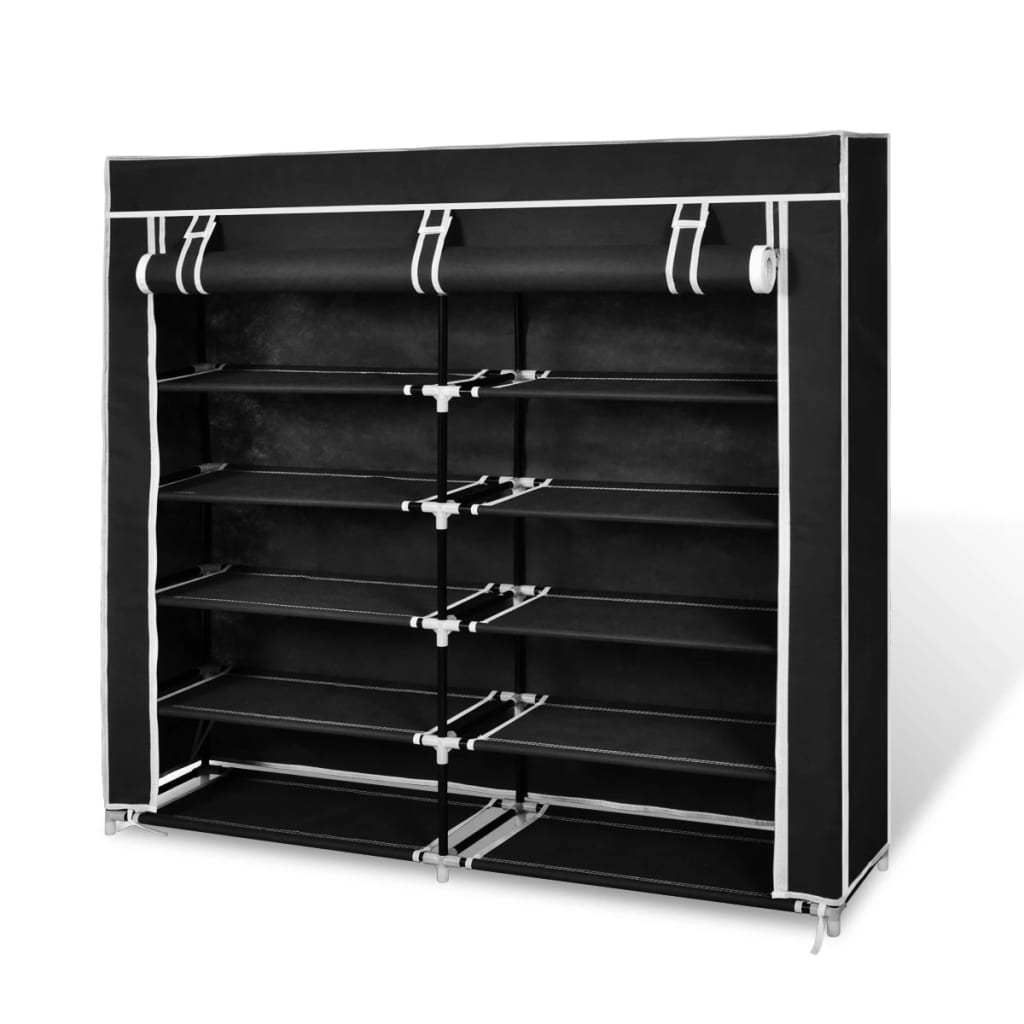 Black 5-tier double fabric shoe cabinet with dustproof cover and multiple shelves.