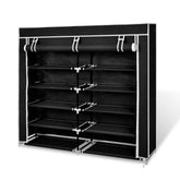 Black 5-tier double fabric shoe cabinet with dustproof cover and multiple shelves.