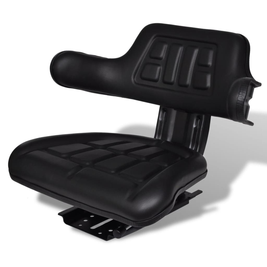Black tractor seat with backrest, armrests, and adjustable steel slide rail for comfort.