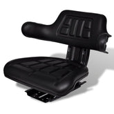 Black tractor seat with backrest, armrests, and adjustable steel slide rail for comfort.