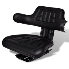 Black tractor seat with backrest, armrests, and adjustable steel slide rail for comfort.