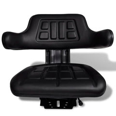 Black tractor seat with contoured backrest, armrests, and adjustable base.