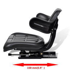 Black tractor seat with backrest, armrests, and 150 mm slide adjustment.
