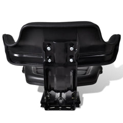 Black tractor seat with backrest, armrests, and adjustable steel slide rail base.