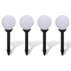 Four white glossy LED solar pathway lights with 5.9-inch balls and black stakes.