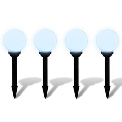 Four white glossy 5.9-inch LED solar pathway lights with black stakes and shadows