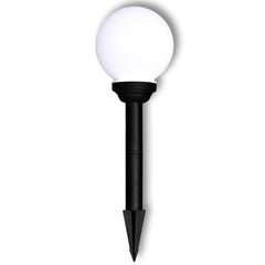 White glossy LED solar pathway light with 5.9-inch ball and black stake.