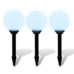 Three 7.9-inch white glossy ball solar pathway lights on adjustable stakes.