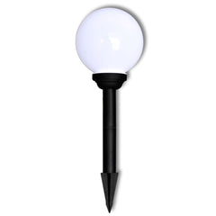 Three 7.9-inch white glossy ball solar pathway lights on adjustable stakes.