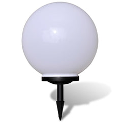 White 15.7-inch LED solar pathway lamp with round globe and ground spike for outdoor use