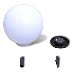 White 15.7-inch solar LED pathway lamp ball with black base, stake, and ground spike.