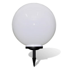 White glossy LED solar pathway lamp with 19.7-inch ball and ground spike.