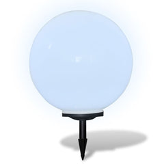 White glossy LED solar pathway lamp with 19.7-inch ball and ground spike.