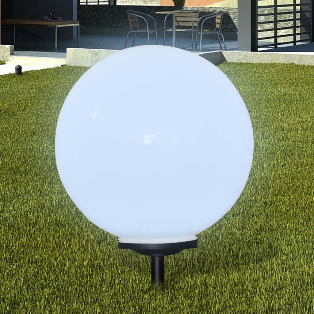 White glossy LED solar pathway lamp ball with ground spike for outdoor use