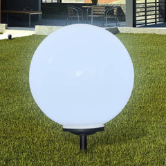 White glossy LED solar pathway lamp ball with ground spike for outdoor use