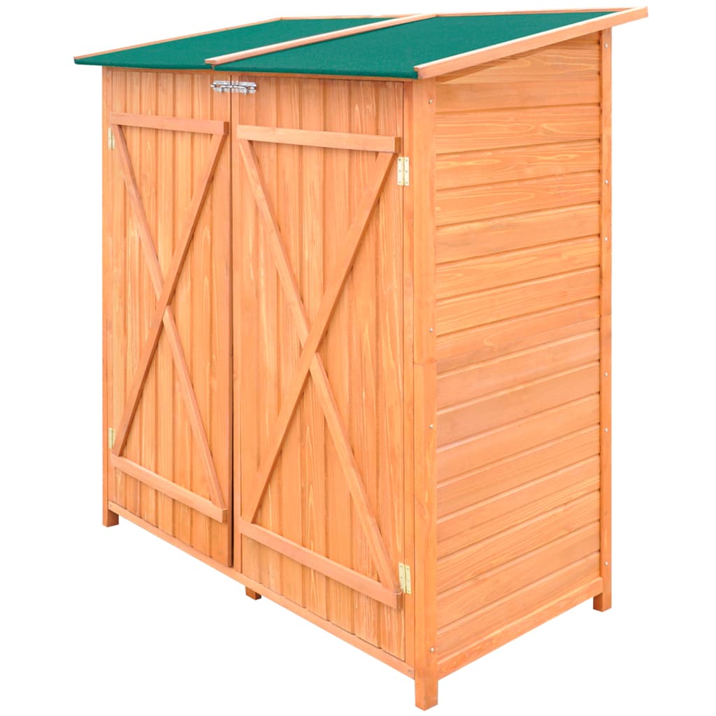Wooden garden tool shed with double doors, sloping roof, and high stool for storage.