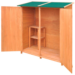 Wooden garden tool shed with double doors, sloping roof, and a high stool for storage.