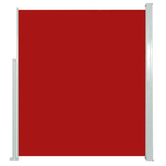 Red retractable patio side awning made of UV resistant polyester with a sturdy steel stand.