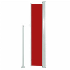 Red retractable patio side awning made of UV resistant polyester with a sturdy steel stand.