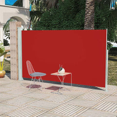 Red retractable patio side awning made of UV resistant polyester with a sturdy green gray frame.