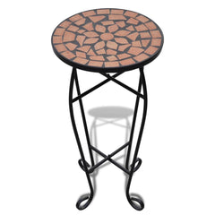 Round terracotta mosaic top side table with black metal scroll legs and 23.6-inch height