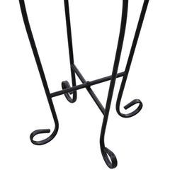 Black iron plant stand with terracotta mosaic top, 11.8-inch diameter.