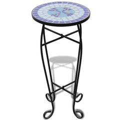 Blue and white mosaic side table with a ceramic tile top and sturdy iron frame, 23.6 inches tall.