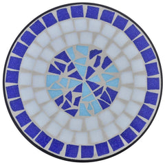 Blue and white mosaic side table with a ceramic tile top and iron frame, 23.6 inches tall.