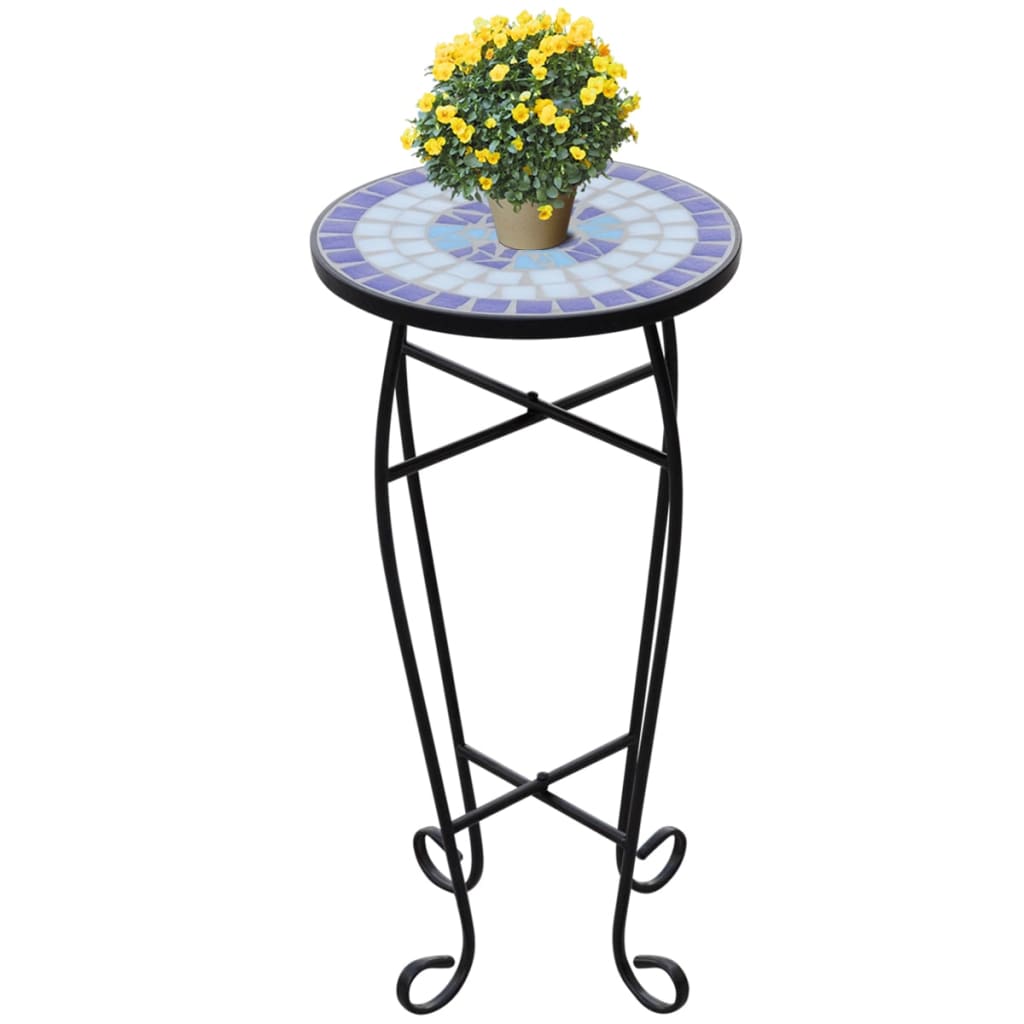 Blue and white mosaic side table with a ceramic top and sturdy iron frame, 23.6 inches tall.