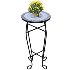Blue and white mosaic side table with a ceramic top and sturdy iron frame, 23.6 inches tall.
