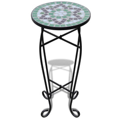 Green and white ceramic mosaic side table with curved iron legs, 23.6 inches tall.