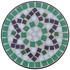 Green and white ceramic mosaic side table with curved iron legs, 23.6 inches tall.