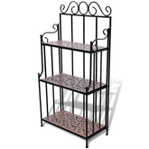 3-tier iron plant stand with terracotta mosaic shelves and ornate black frame.