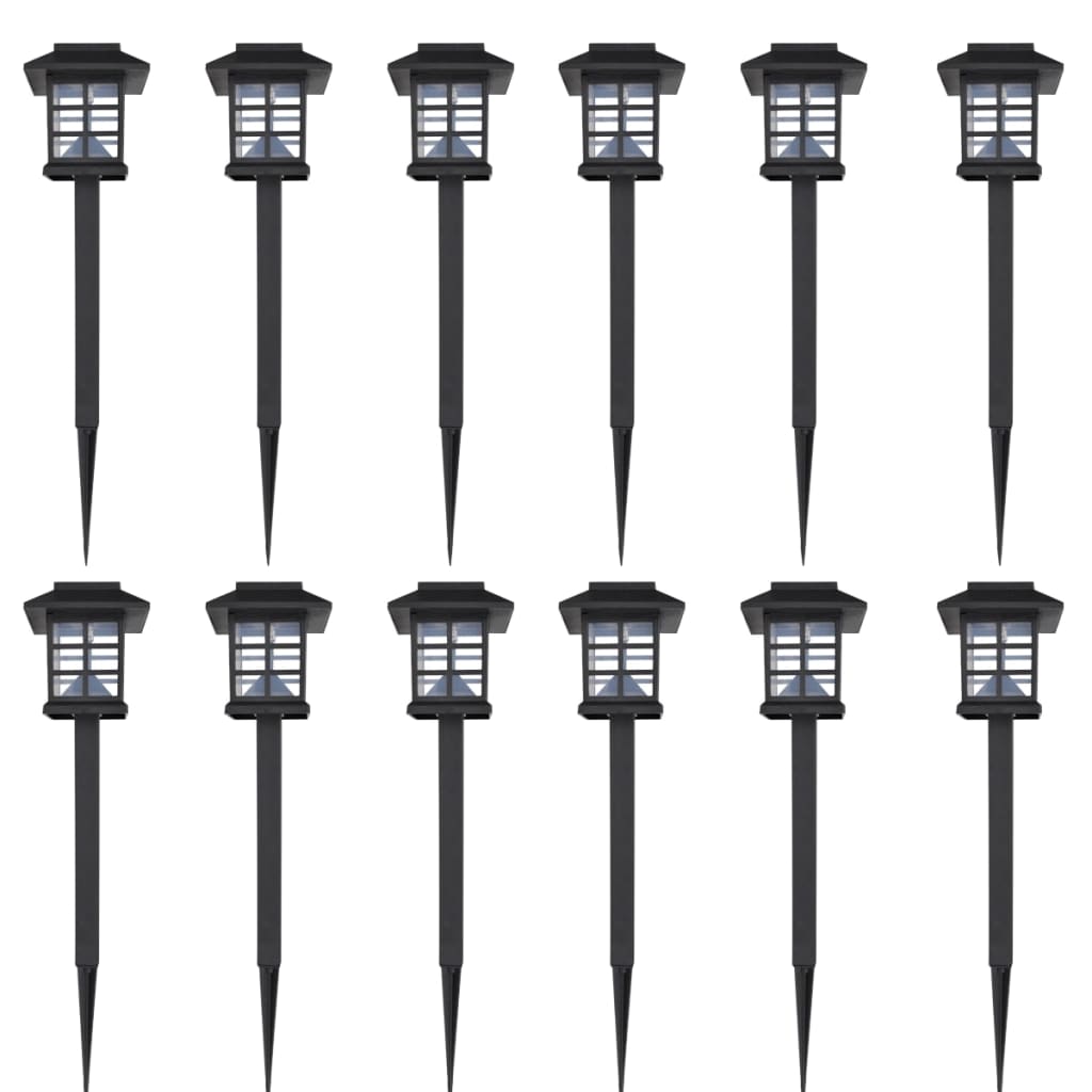 12 black plastic solar LED garden stake lights with lanterns and spikes.