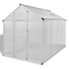 Reinforced aluminum greenhouse with base frame, 49.5 sq ft, featuring clear panels and door.