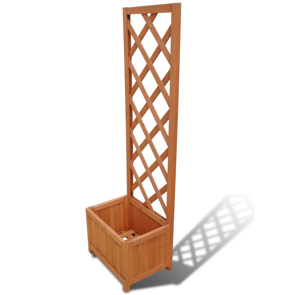 Solid wood trellis planter with integrated support for climbing plants in outdoor spaces.