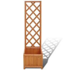 Solid wood trellis planter with integrated support for climbing plants in an outdoor setting.