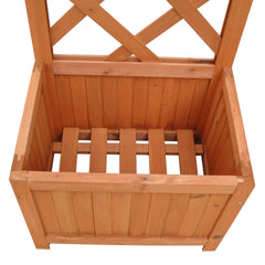 Solid wood trellis planter with integrated support for climbing plants in outdoor spaces.