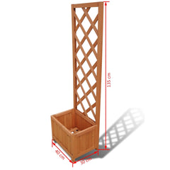 Solid wood trellis planter with integrated support for climbing plants in outdoor spaces.