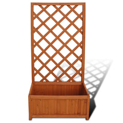 Solid wood trellis planter with lattice top and base box, in brown finish.