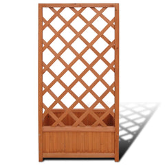 Solid wood trellis planter with lattice design and rectangular planter box in natural finish.
