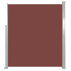 Brown retractable side awning, 63x118 inches, polyester fabric with steel posts.
