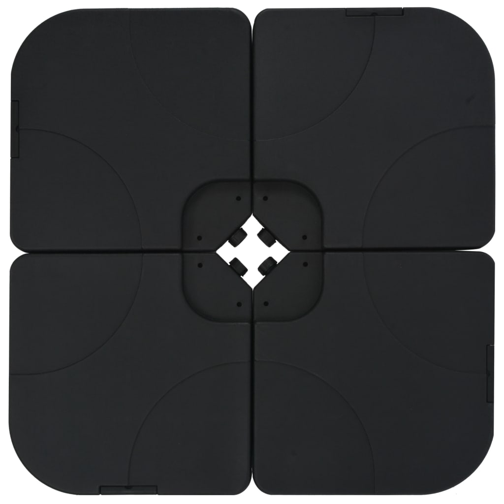 Black plastic parasol base, sand or water filled, holds 15.9 gallons for stability.