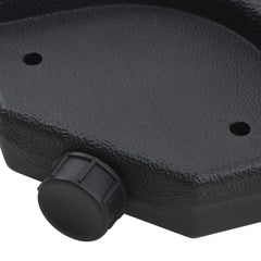 Black plastic parasol base, portable, holds 15.9 gallons of sand or water for stability.