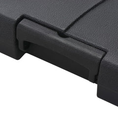 Black plastic parasol base filled with sand or water, supporting umbrellas up to 9.8 feet.